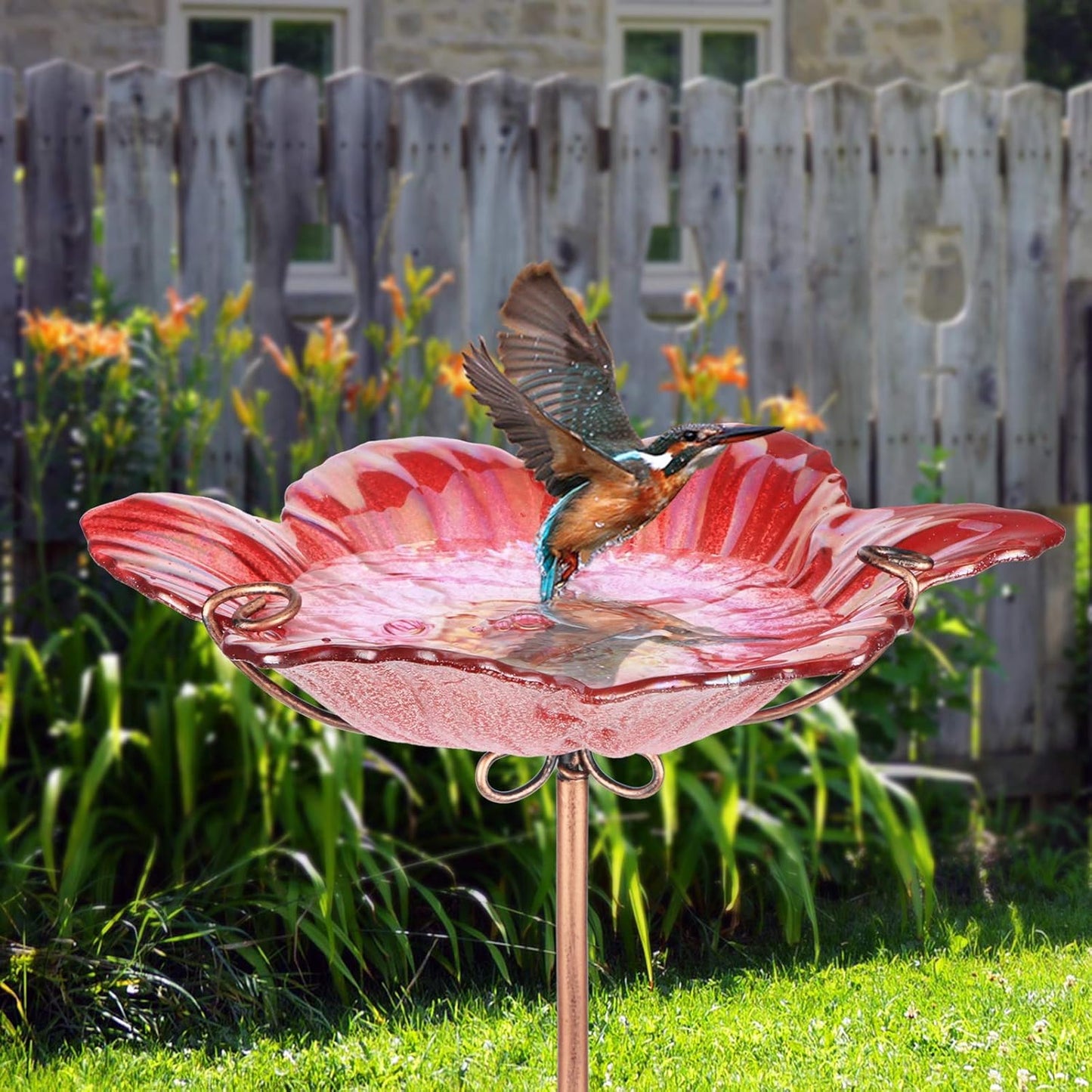 Outdoor Bird Bath Glass Birdbath Garden Birdfeeder with Metal Stake Red