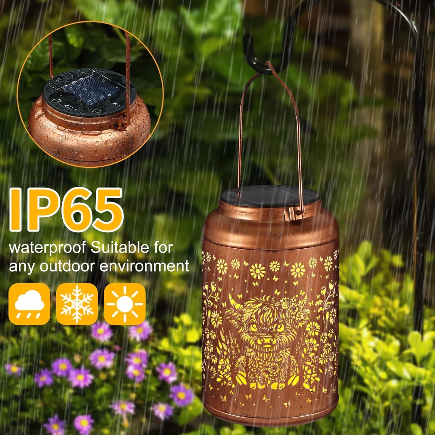 Solar Lanterns Outdoor Waterproof Garden Decor Birthday Gifts for Women Mom Grandma Hanging Solar Lights Metal Decoration Outside for Yard, Patio (Highland Cattle)