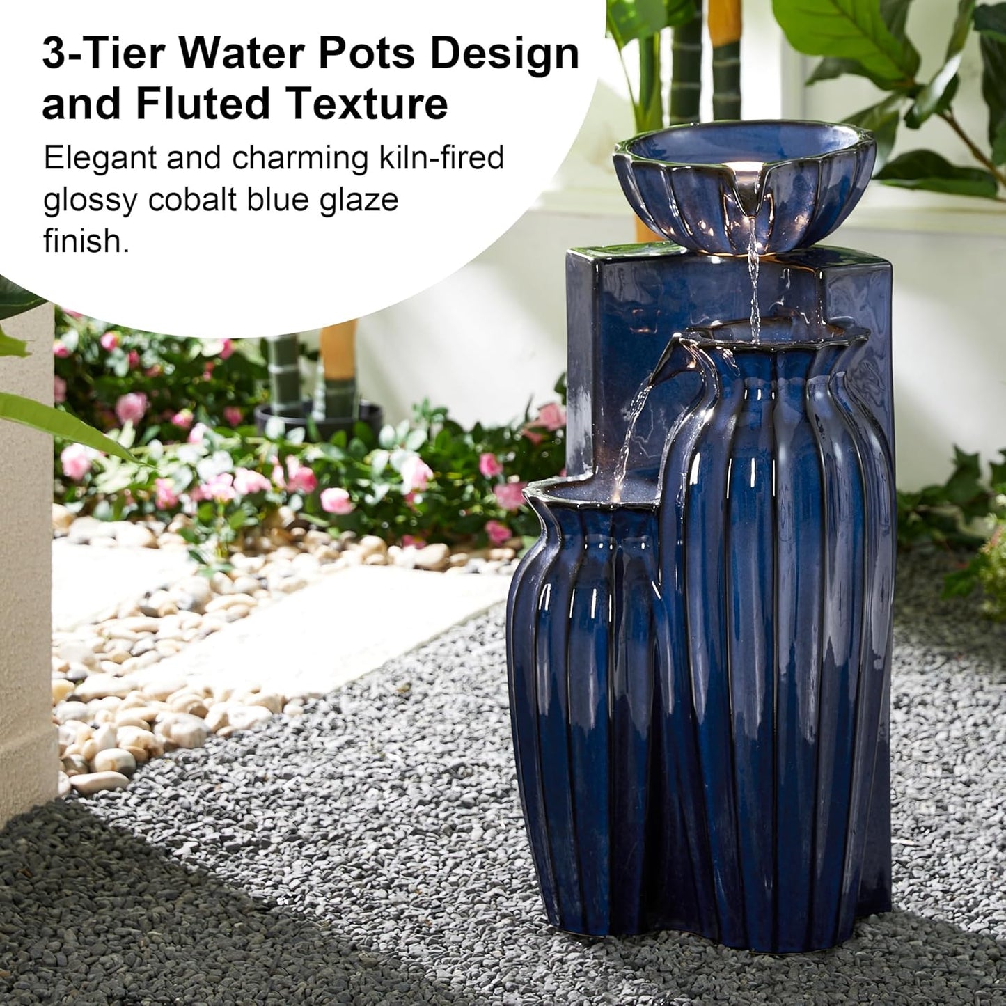 Glitzhome 26.75" H Ceramic Outdoor Water Fountain with LED Lights and Pump, Cobalt Blue Fluted Texture Cascading Waterfall Floor Standing Fountain for Porch Deck Garden Patio Backyard