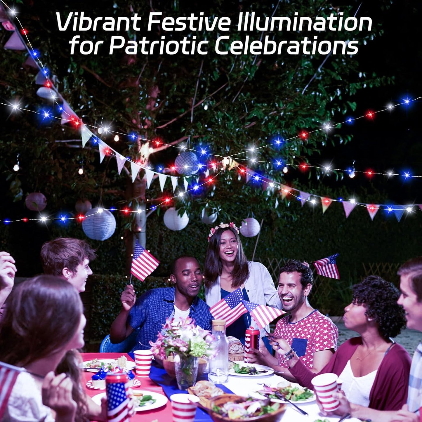 Red White and Blue Solar Fairy Lights, Memorial Day Lights Waterproof Outdoor 39.4ft 120LED 8 Modes Memory Function Independence Day Memorial Day Decorations, CS-SL-5M