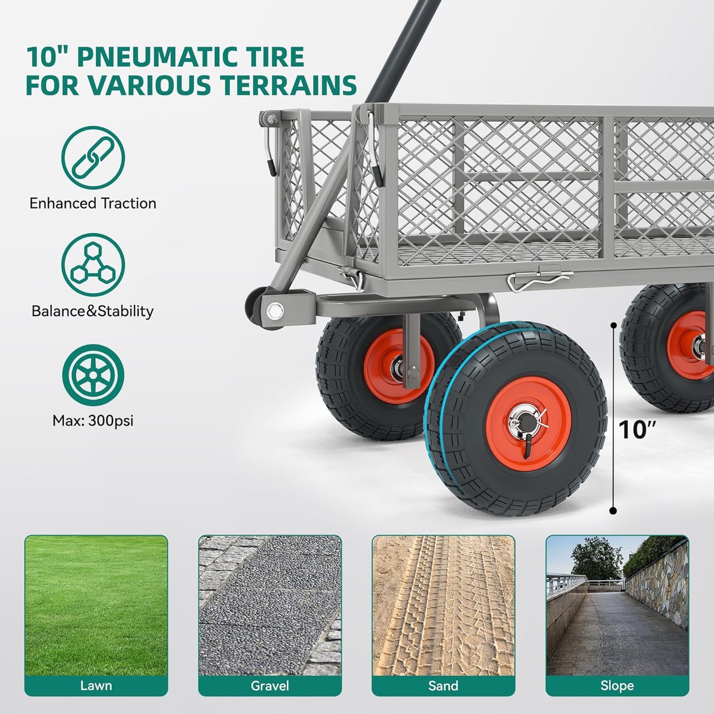 Heavy Duty 900 lbs Capacity Mesh Steel Garden Cart - 10" Pneumatic Tires, 180° Rotating Handle, Removable Sides, 4 CU'FT Utility Wagon for Yard & Garden