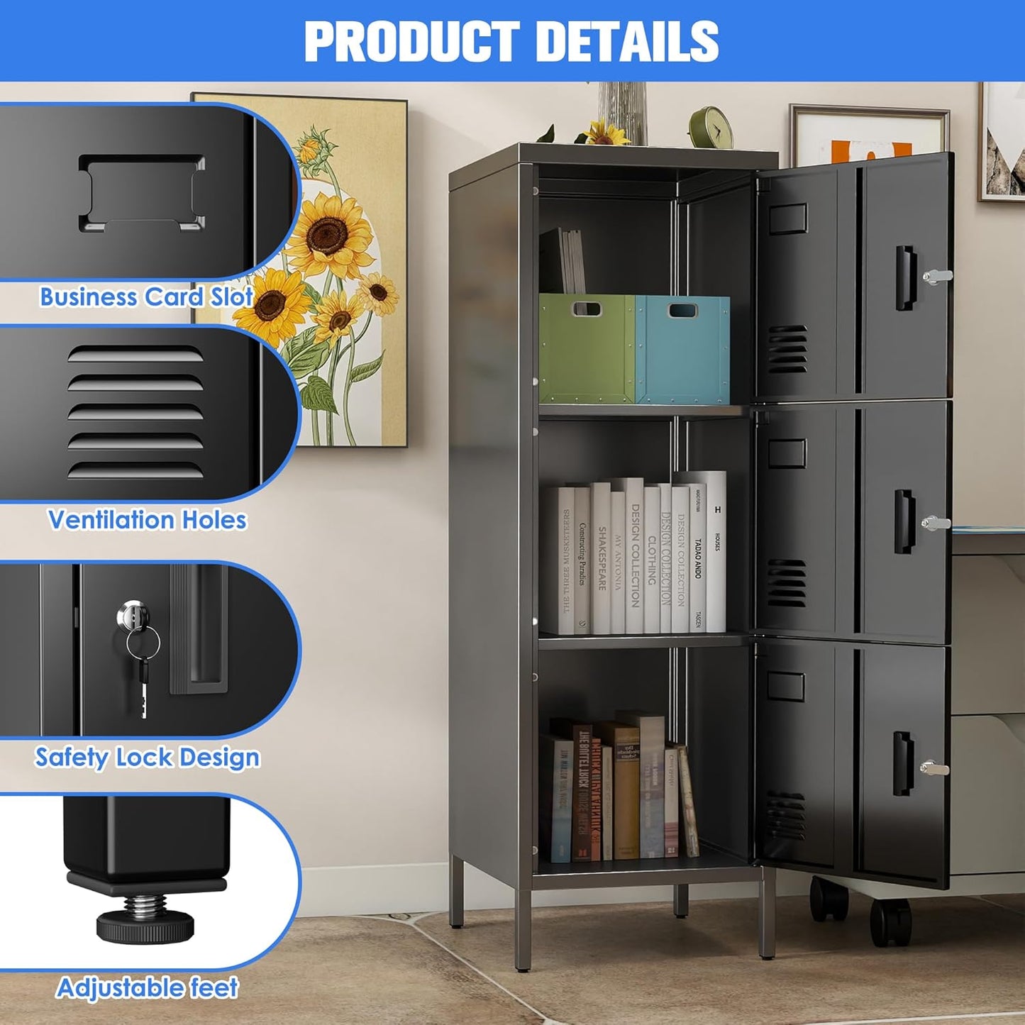 Metal Locker with Ventilation Holes, Metal Storage Cabinet with Lock and Card Slot for Home,School, Office, Garage,47.3" H x 15.8" W x 15.8" D,Assembly Required,Black