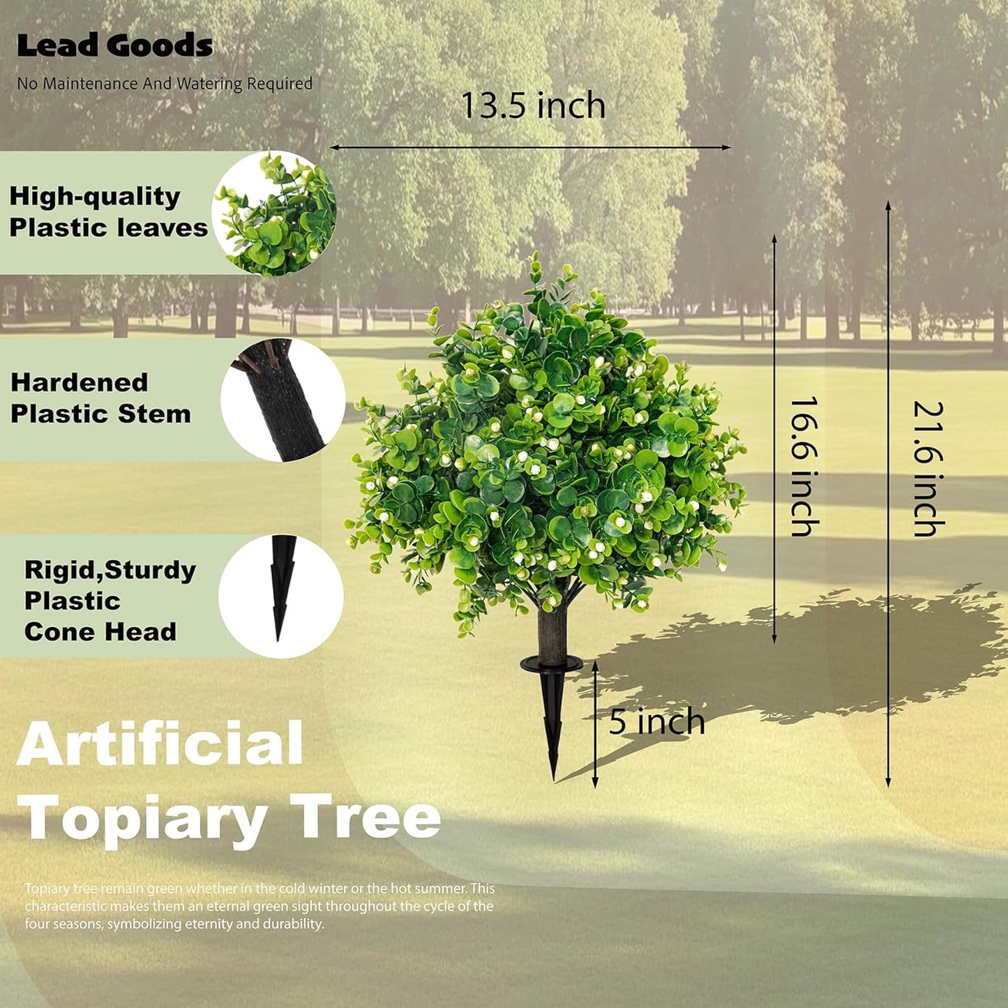 Artificial Boxwood Topiary Ball Trees 21.6" Tall UV Resistant Artificial Bushes, Set of 2 Faux Plants with Spike Easy to Push in The Ground for Indoor Outdoor Garden