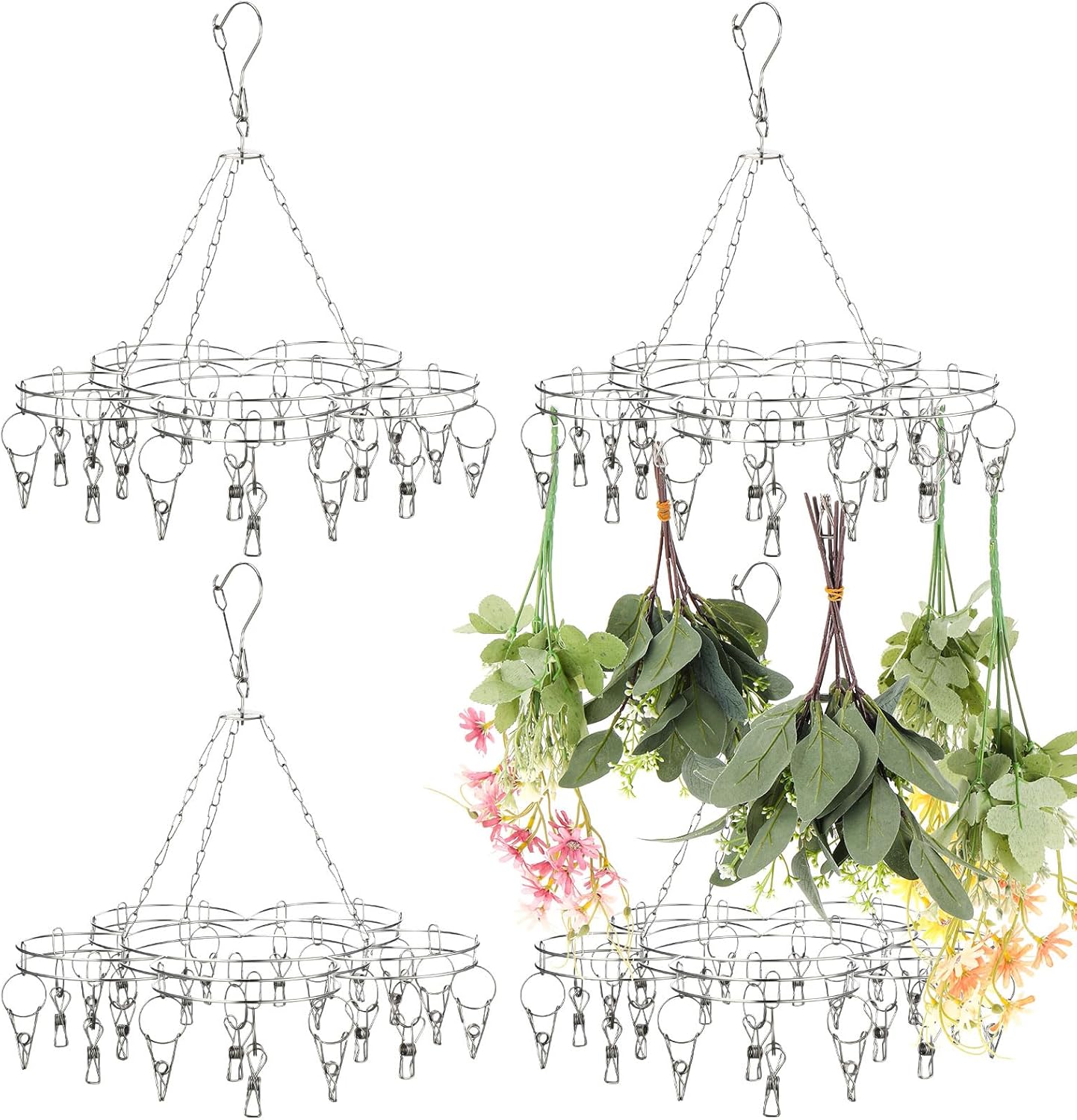 Bokon 4 Pcs Hanging Drying Rack for Herb Macrame Flower with Stainless Clip Dryer Hook for Drying Herb Air Plants Spices Flower Hydroponic Plant Ready to Use with Ceiling Hook(Plum Shape)