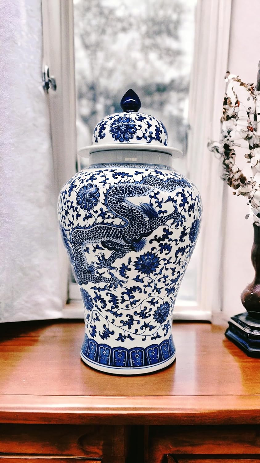 24" Classic Blue and White Dragon Porcelain Ceramic Temple Ginger Jar Vase, Large China Qing Style (Dragon)