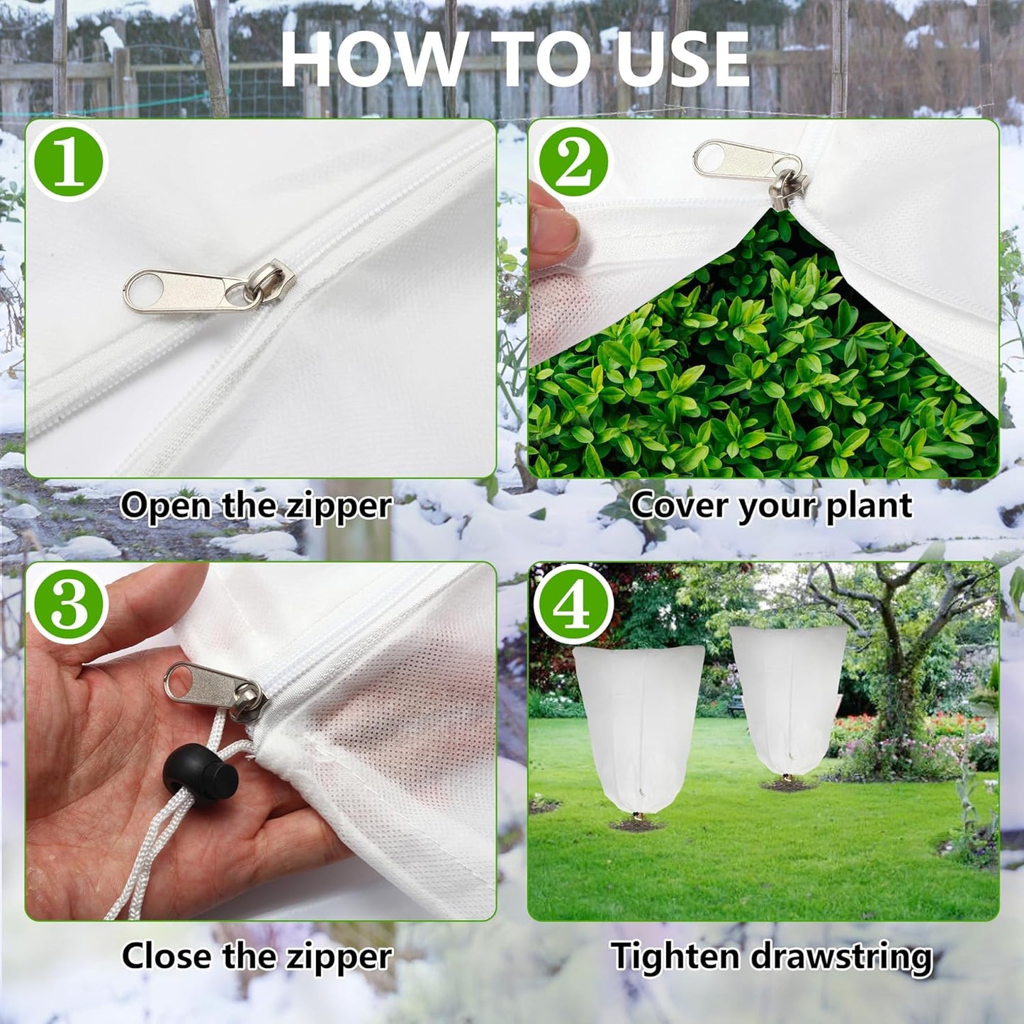4 Pack Plant Covers Freeze Protection for Winter, 70.9''×47.2'' Frost Cloths for Outdoor Plants Cold Weather Blankets with Zipper Drawstrings