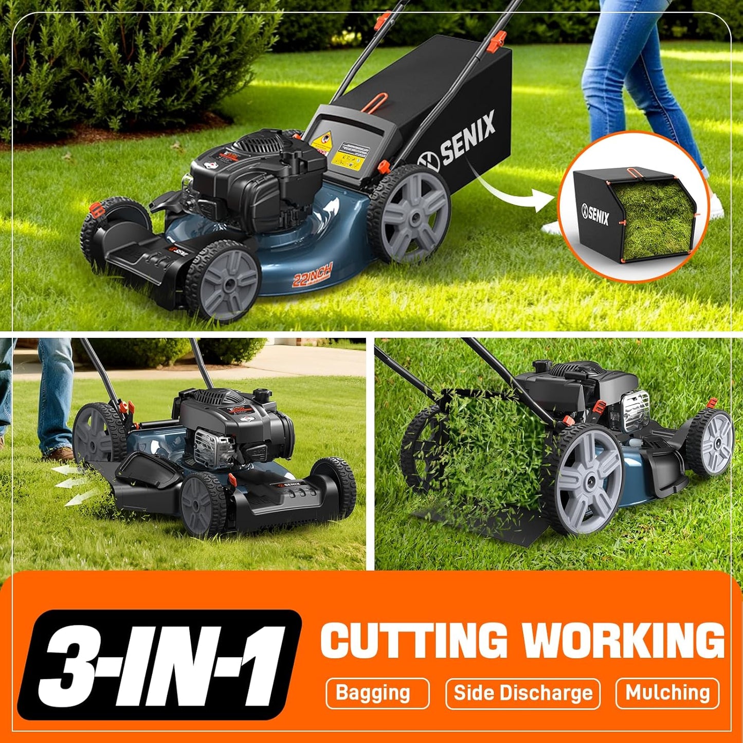 SENIX 21-Inch Gas Lawn Mower Self-Propelled, 3-in-1 Push Cordless Mower with Mulch/Bag/Side-Discharge, 6 Position Adjustable Cutting Height, Steel Deck (LSSG-M1)