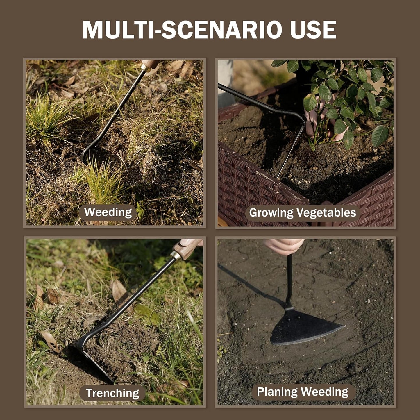 Triangle Hand Hoe, Heavy Duty Stainless Steel Weed Puller and Weed Remover Gardening Tool with Walnut Handle for Weeding, Soil Loosening and Cultivating