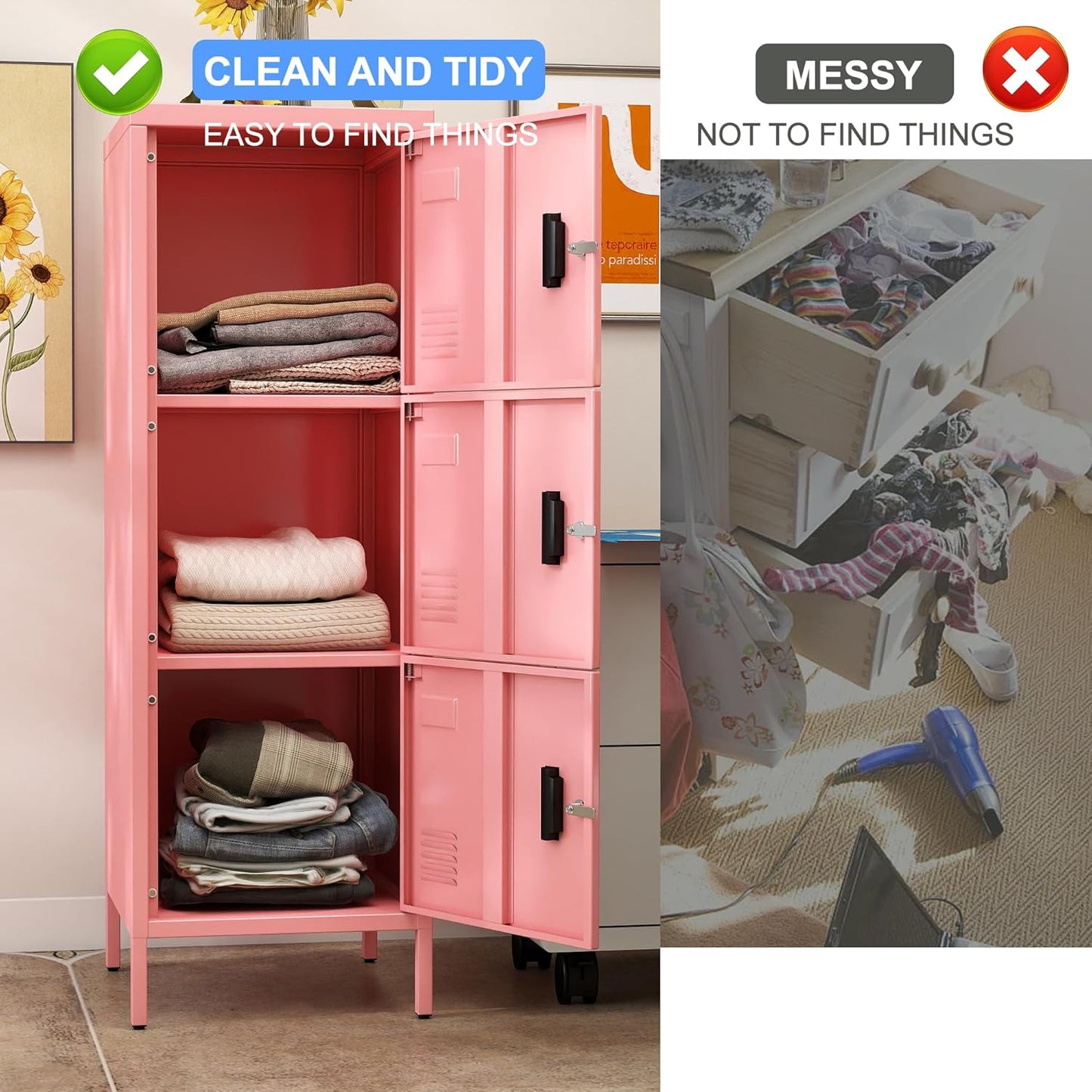 Metal Locker with Ventilation Holes, Metal Storage Cabinet with Lock and Card Slot for Home,School, Office, Garage,47.3" H x 15.8" W x 15.8" D,Assembly Required,Pink