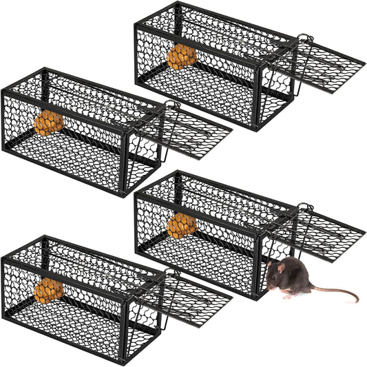Qualirey 4 Pcs Humane Rat Trap Chipmunk Rodent Mouse Squirrel Trap Small Live Animal Mouse Voles Hamsters Live Cage Rat Cage for Mice Easy to Catch and Release (Black)