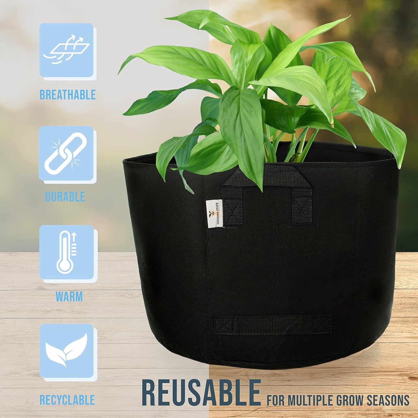 Grow Bags: 5-Pack (Size: 5 Gallon): 300gsm Black Felt Fabric, Biodegradable and eco-Friendly Material. (Handles + Dumping Handles-pat.Pend).