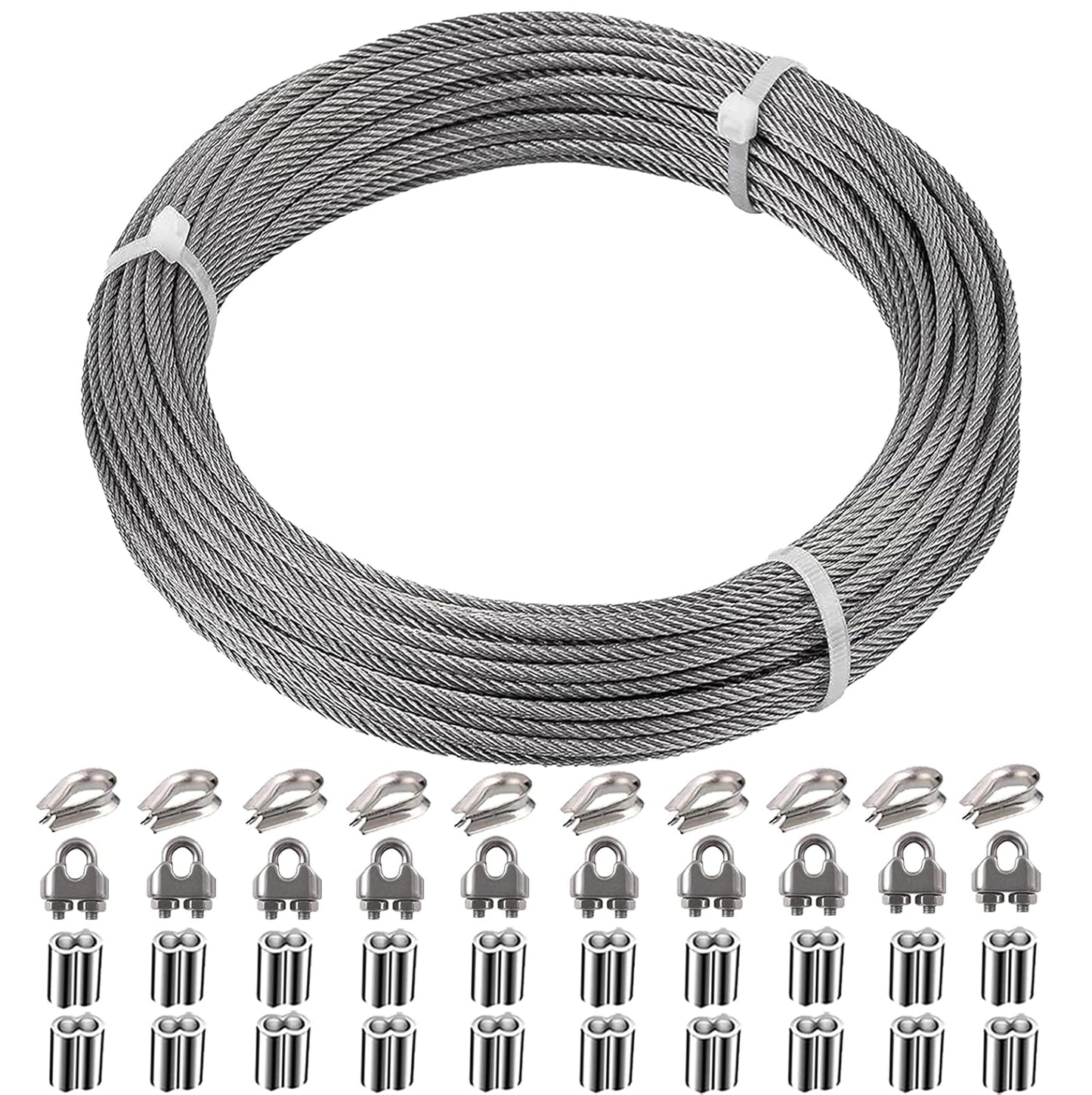 1/8 Inch Stainless Steel Wire Rope Cable Kit,100 ft Length 1/8“ Wire Cable 7x7 Strands with Sleeves, Thimbles, Clips, for Climbing Plants, Deck Railing, Fencing, Outdoor Hanging