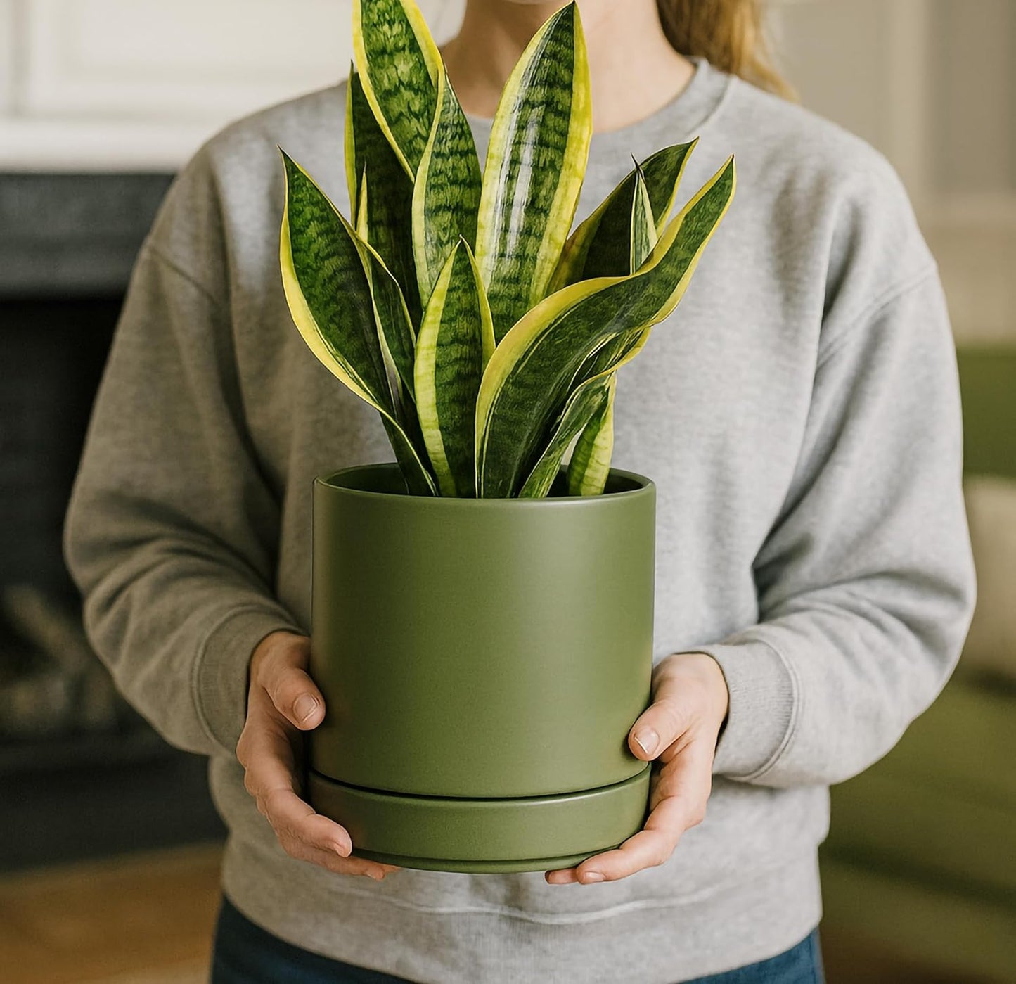 D'vine Dev 6.5 Inch Ceramic Planter Pot with Drainage Hole and Saucer, Indoor Cylinder Round Planter Pot, Olive, 94-O-C-J