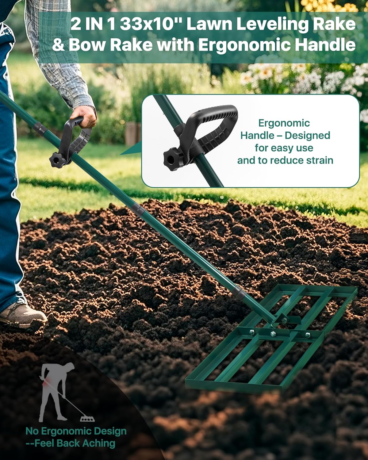 Lawn Leveling Rake 33x10'', Yard Leveling Rake with 78'' Back-Saving Adjustable Handle, Stainless Steel Lawn Leveler Tool with 17'' Tines Head for Garden, Backyard, Farm, Golf Course