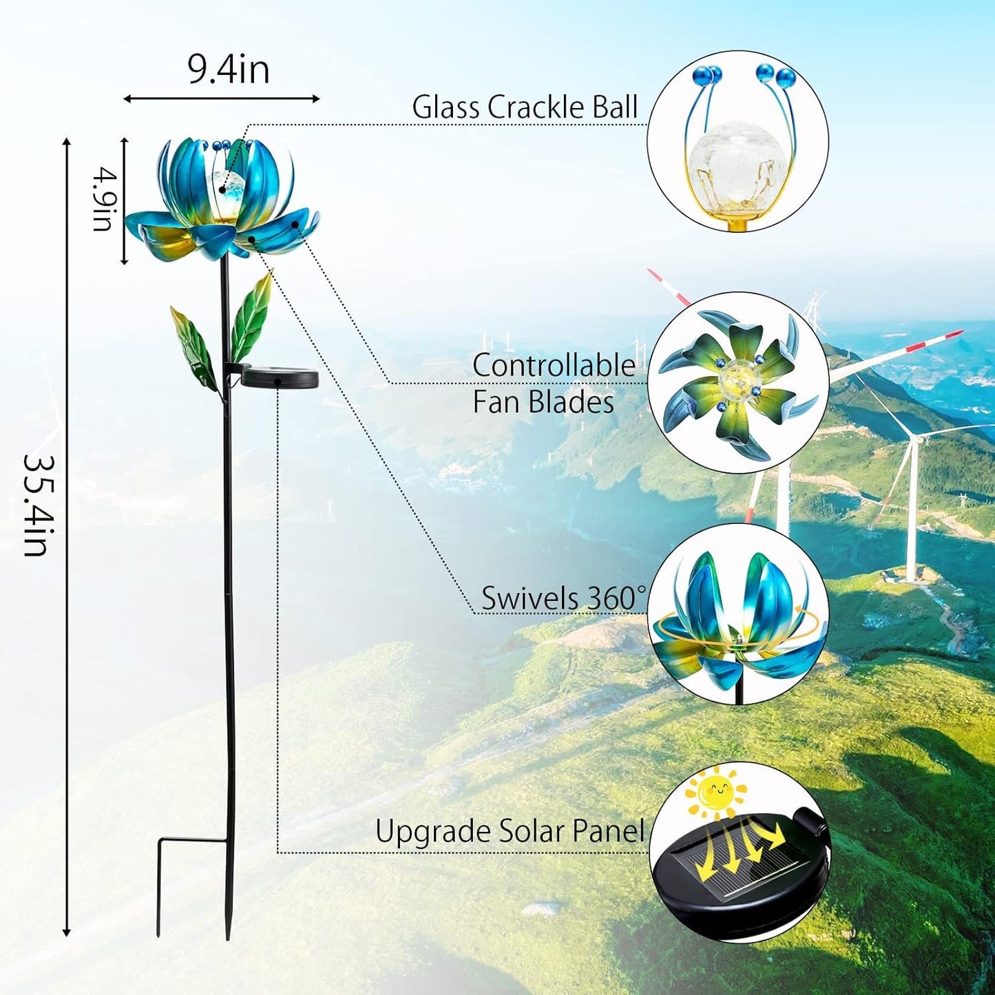 Huaxu Solar Outdoor Lights 35.4In Garden Decor Flower Wind Spinners,Waterproof LED Crackle Glass Globe Blue Lotus Art Metal Stake for Lawn Patio Pathway Yard Porch Driveway Decorations Gift