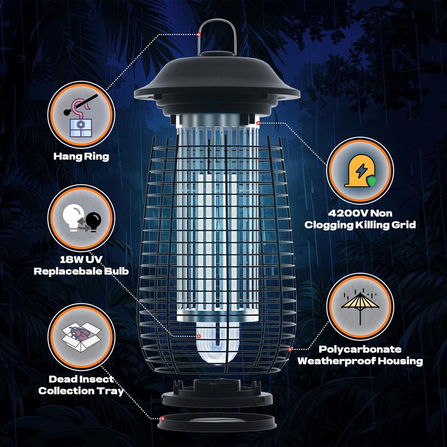 Bug Zapper Indoor & Outdoor, 4200V Electric Mosquito Zapper, 10 Years Lifespan, 6.5ft Power Cord, Waterproof, Fly Trap Mosquito Trap, Fly Killer Fly Zapper for Home, Patio, Kitchen, Backyard, Camping