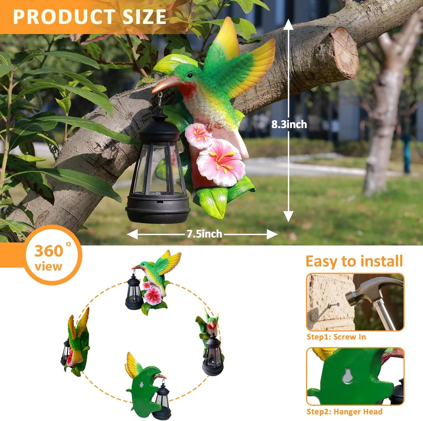 Solar Garden Outdoor Decor Hummingbird Statues, Hummingbird Solar Lights Garden Decor for Outside Yard Tree Wall Gate Balcony, Unique Gifts for Women Mom