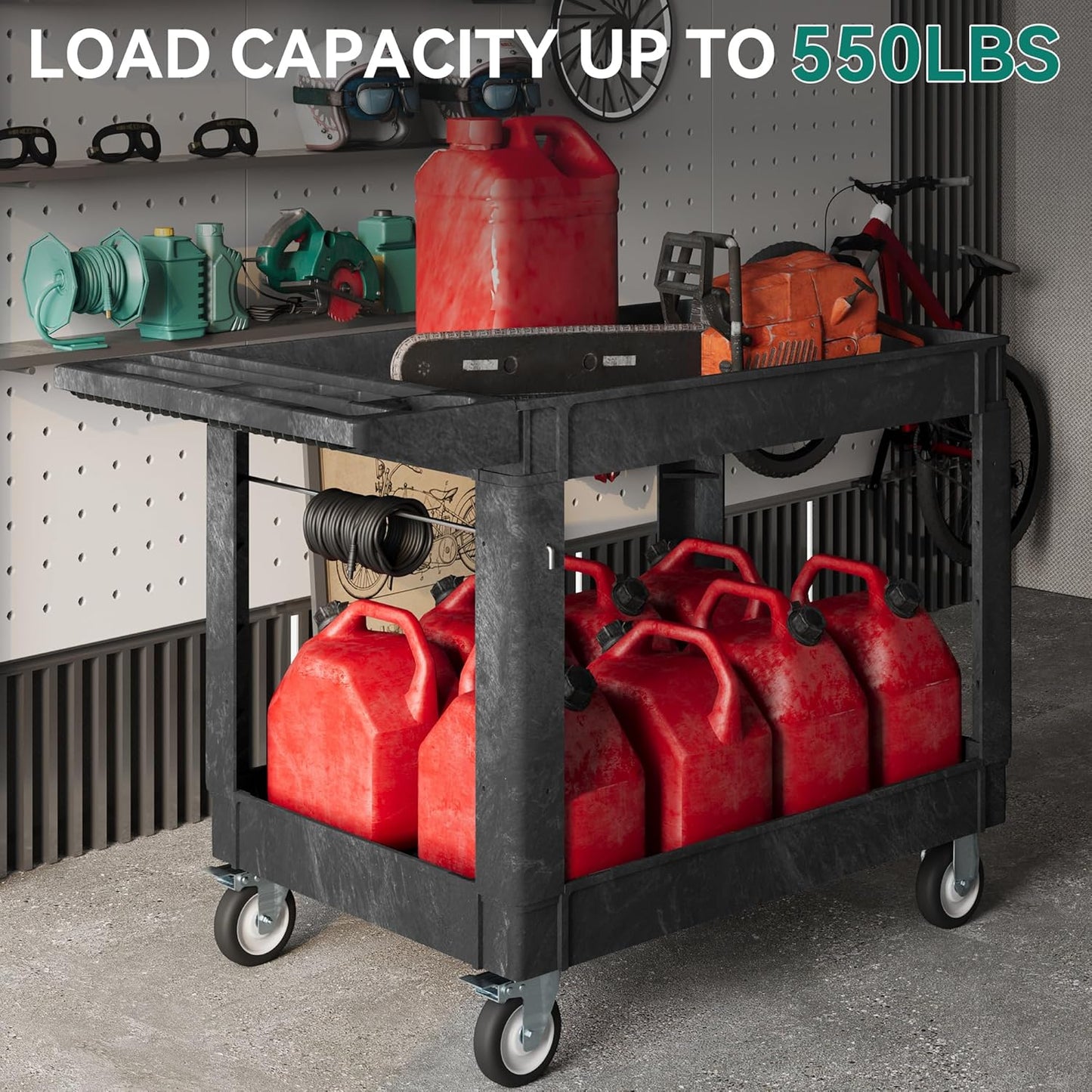 YITAHOME Utility Cart on Wheels, 550 lbs Capacity, 45 x 25 Inch Rolling Work Carts with Wheels, 2 Shelf Heavy Duty Plastic Service Cart Suitable for Warehouse, Garage, School & Office, Cleaning, Black