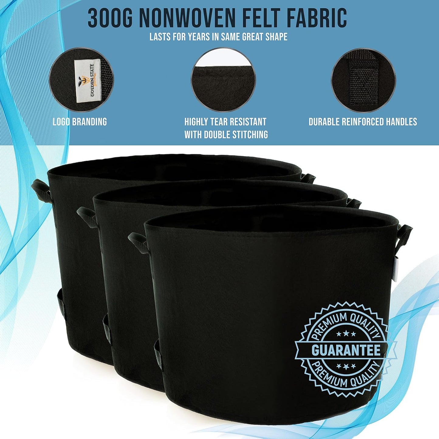 Grow Bags: 5-Pack (Size: 7 Gallon): 300gsm Black Felt Fabric, Biodegradable and eco-Friendly Material. (Handles + Dumping Handles-pat.Pend).