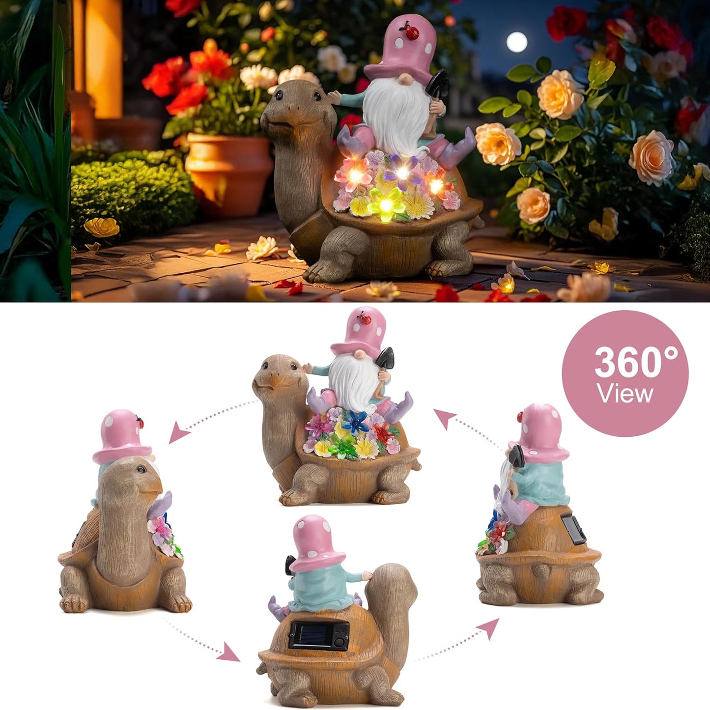 Solar Garden Outdoor Statue Turtle Gnome with Succulent and LED Light - Patio,Lawn,Garden,Tortoise Statue for Patio,Unique Housewarming Gifts