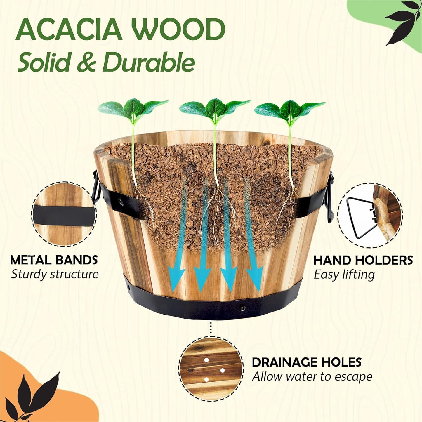 Idzo Set of 3 Wooden Flower Boxes Outdoor, Durable Acacia Wood Barrel Planters for Outdoor Plants with Ergonomic Handles, Drainage Holes, Multiple Sizes Wood Bucket Planter for Home Decor