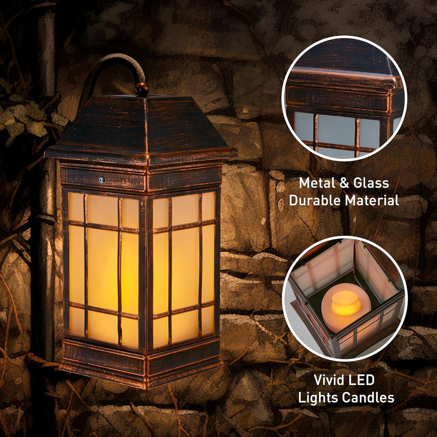 14" Solar Lantern Outdoor Waterproof, Glass Flickering Flame Solar Lanterns, Hanging Metal Lantern Decorative for Patio Front Porch Garden Backyard Tabletop Party Decoration