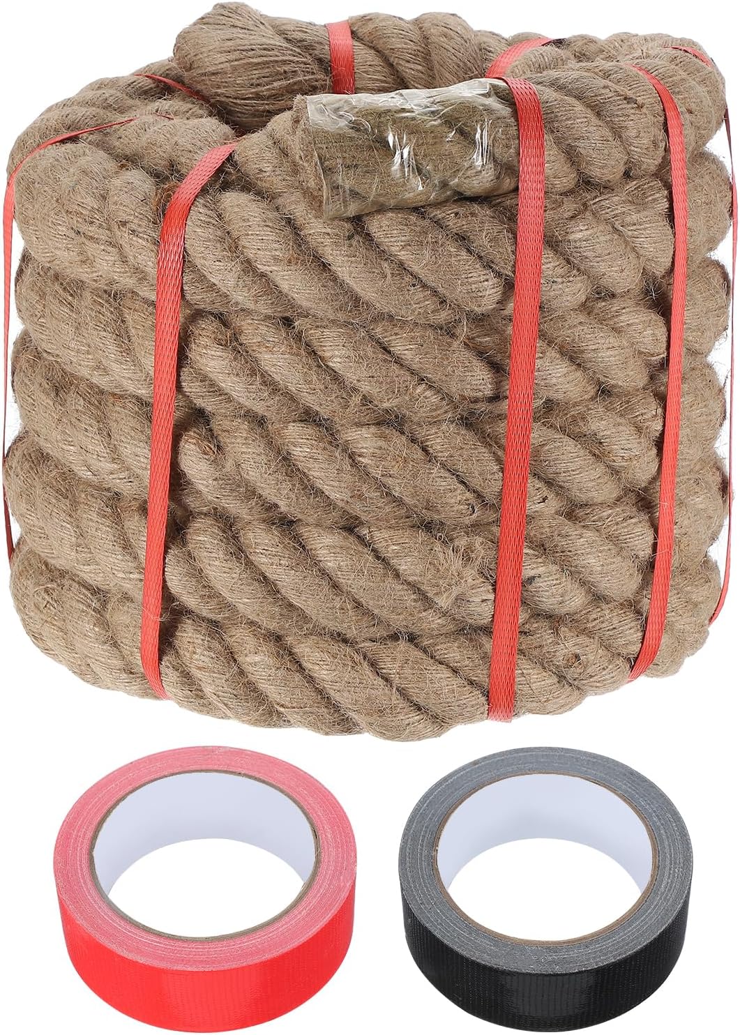 MECCANIXITY Jute Rope 2 Inch x 25ft, Thick Twine Rope Ropes Braided Jute Twine Natural Brown Burlap Cord String Heavy Twisted with Tapes for Decorative Crafts Railing Swing Tug of War