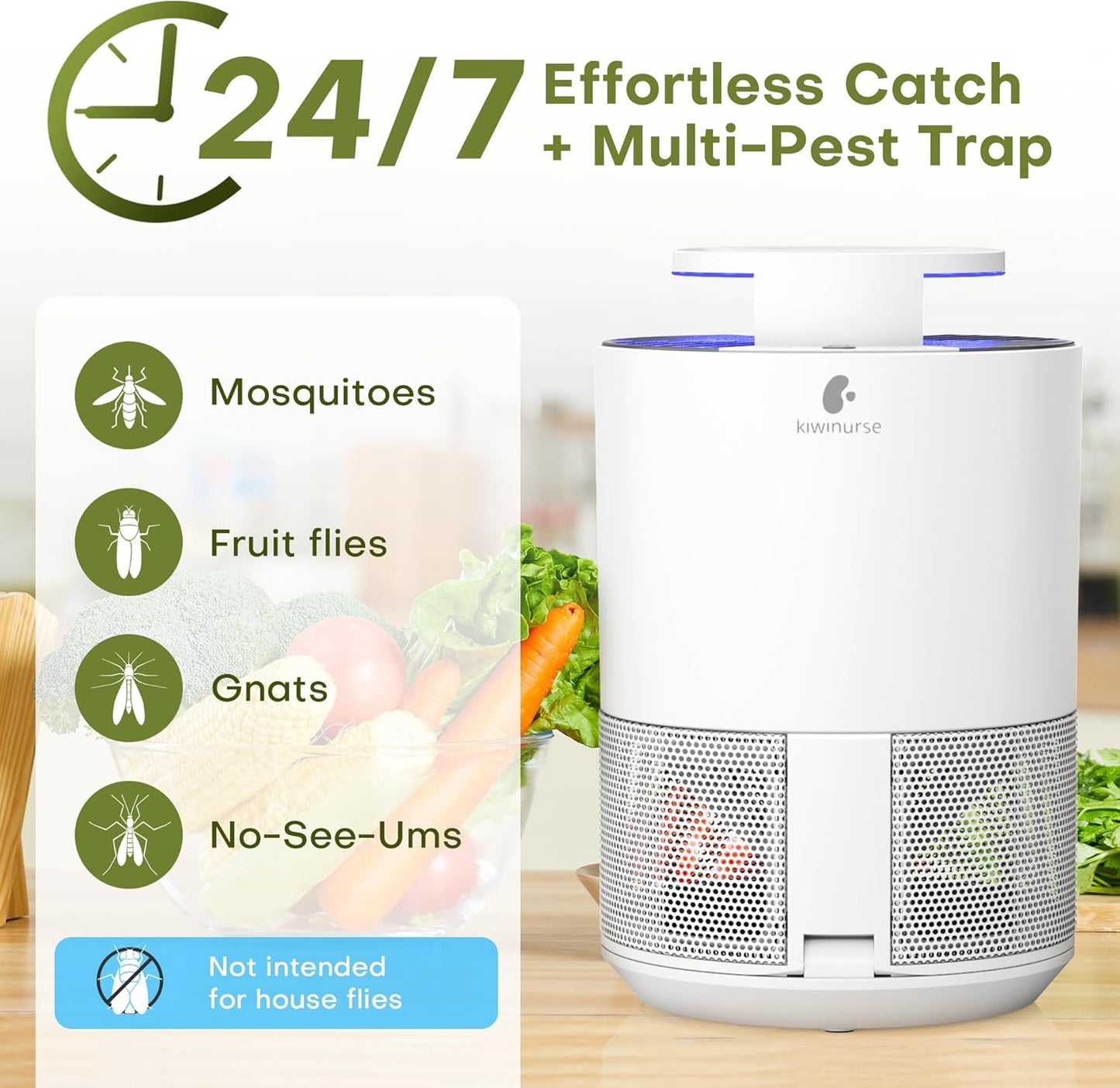 Indoor Insect Trap - Catcher & Killer for Fruit Flies, Gnats, Mosquitoes - Bug Light Traps with Suction for Inside Your Home, 5 Sticky Glue Cards, with Bait, White