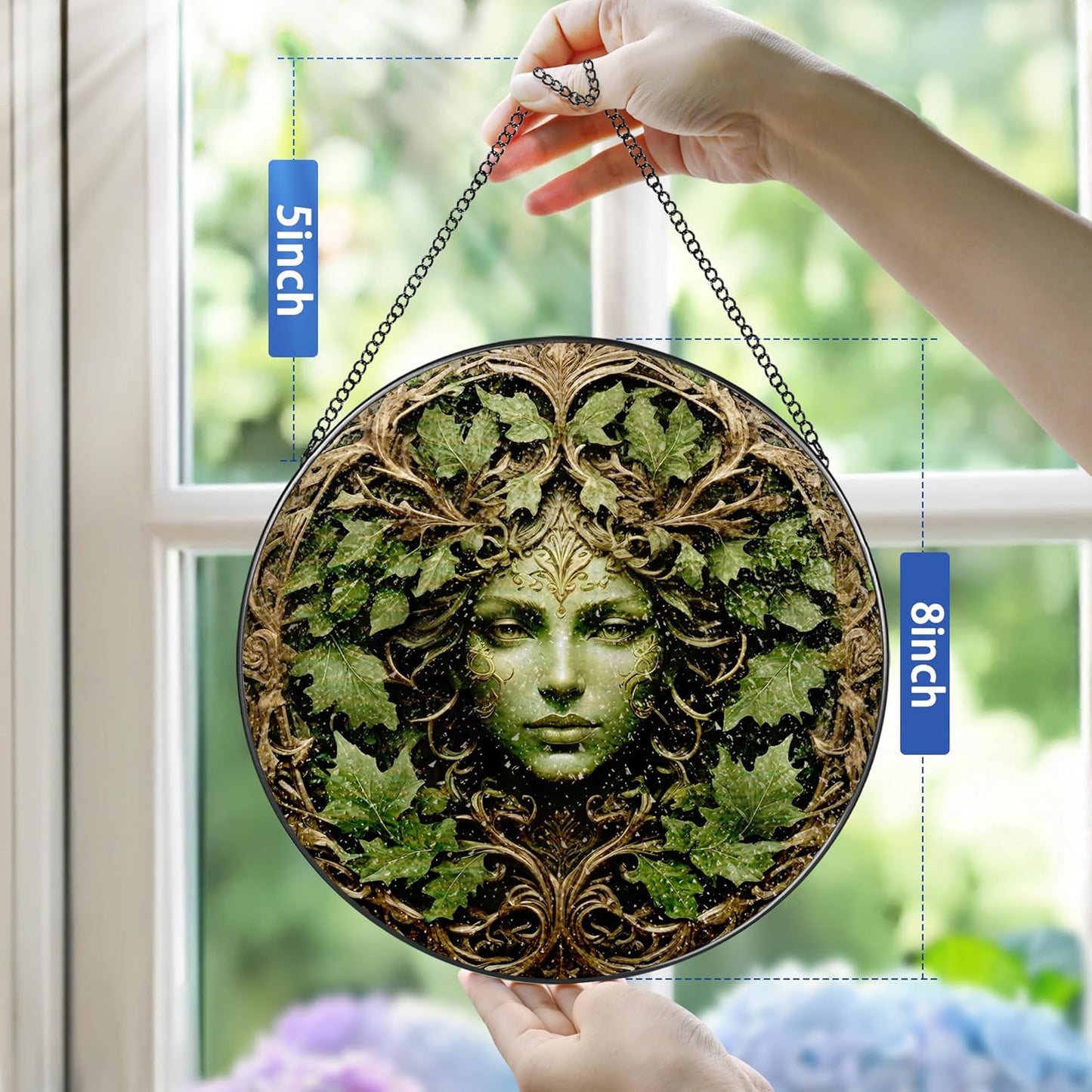Green Man Stained Glass Suncatcher, Stained Glass Window Hanging, 8 Inch Window Decor Hanging, Gift for Garden Lovers, Mothers Day Birthday Gifts for Mom Grandma Women Sister Wife Lady Lover