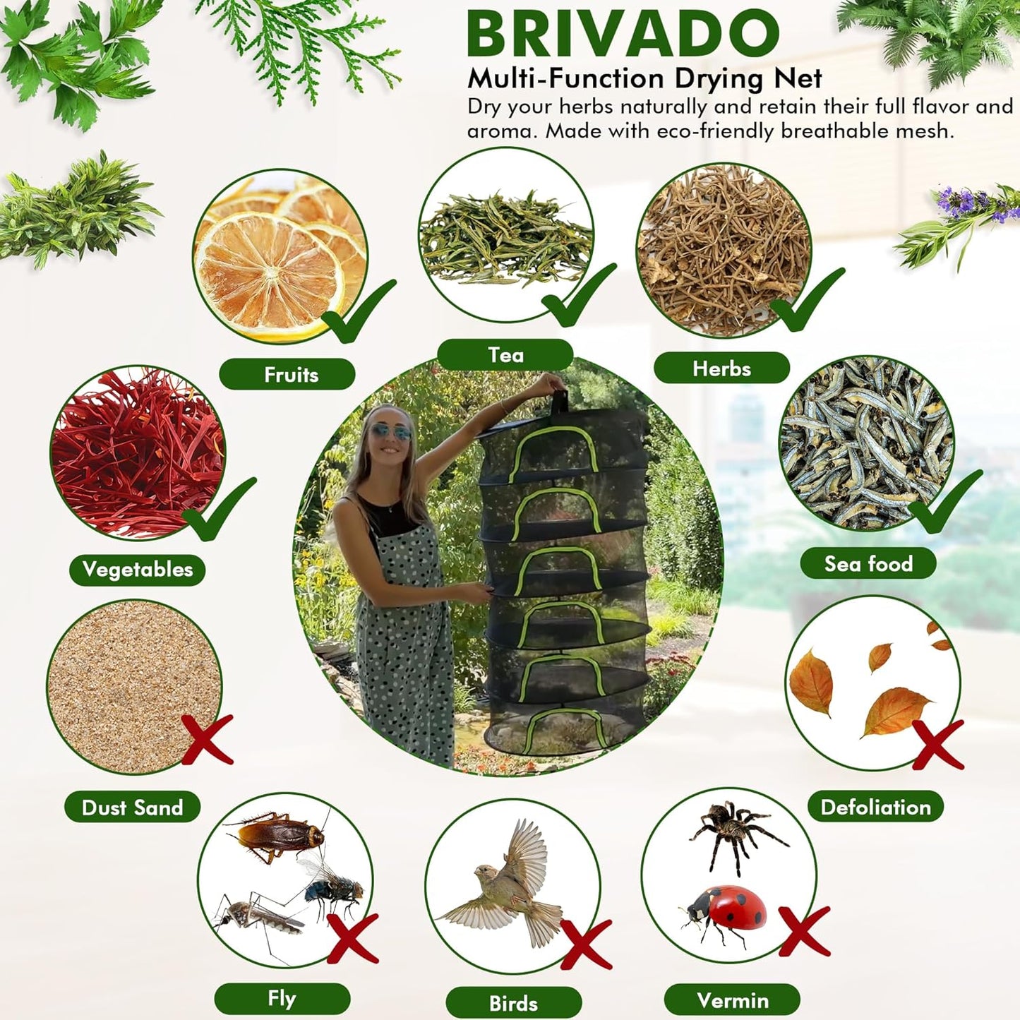 Herb Drying Rack Hanging Mesh 6 Layer 24" with Zipper, Gloves, Garden Pruning Shear, Hook & Carabiner Clip for Drying Herbs, Plants, Seeds, Buds | Outdoor, Hydroponics Herb Dryer Hanging Rack