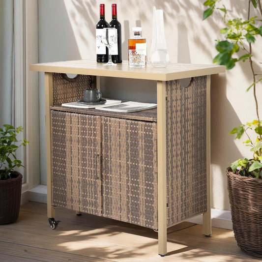 Outdoor Indoor Storage Cabinet with Rolling Wheels, Patio Serving Cart with Bar Table and Wicker Cabinet, Kitchen Island Prep Table, Beige