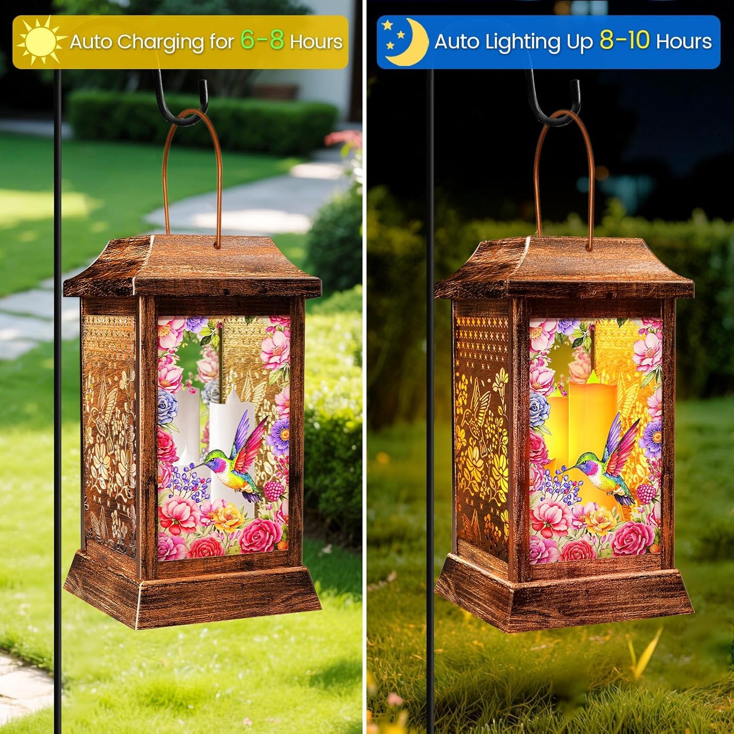 Hummingbird Solar Lanterns Outdoor Hanging Lanterns, Metal Glass Garden Decor Solar Lights, Gifts for Women Mom Birthday Grandma Mothers Day, Waterproof Decorative Lantern for Outside Patio Yard
