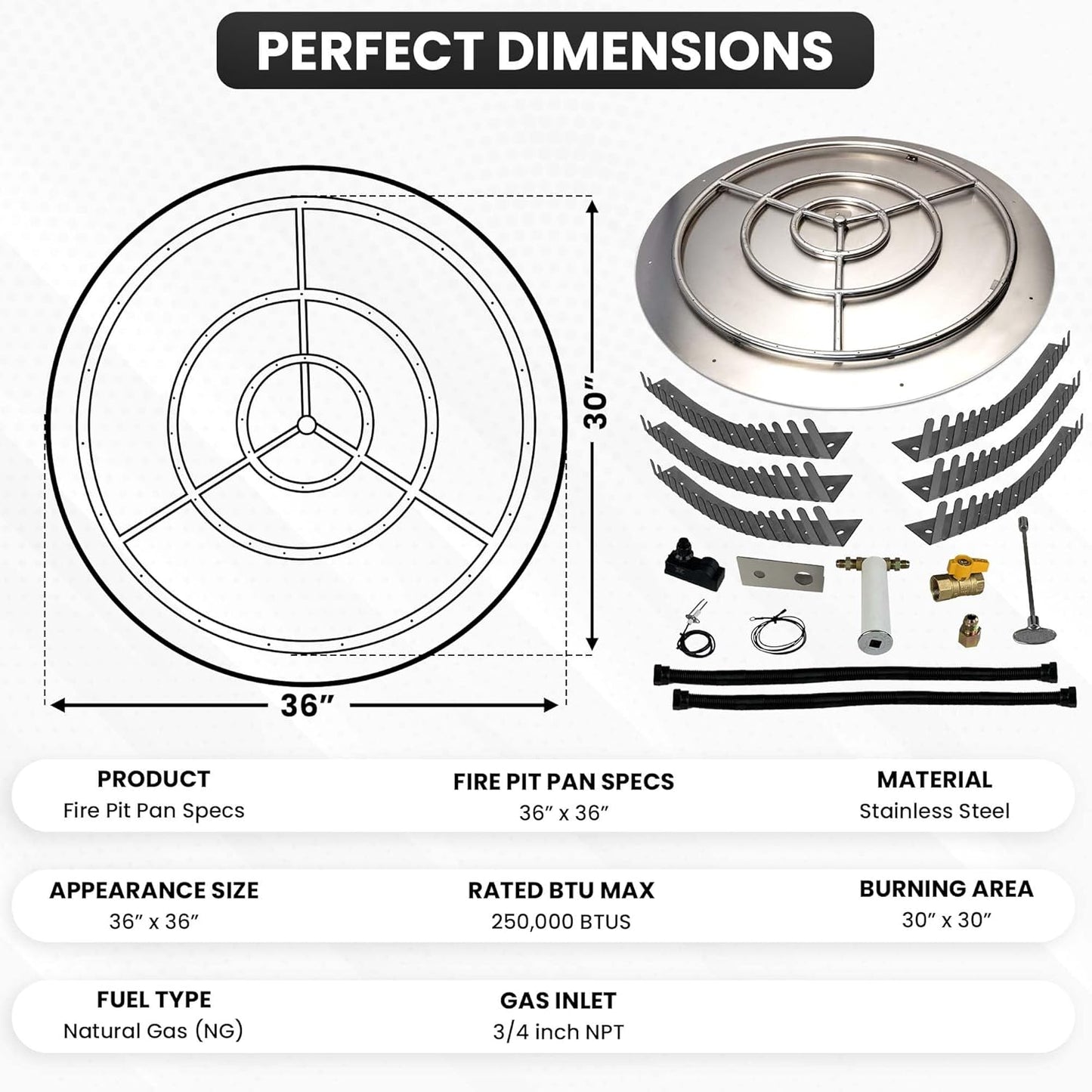 Stainless Steel Fire Pit Burner Pan & Ring Pro Kit for Natural Gas, 36-Inch Pan, 30-Inch Ring, 250,000 BTU Max