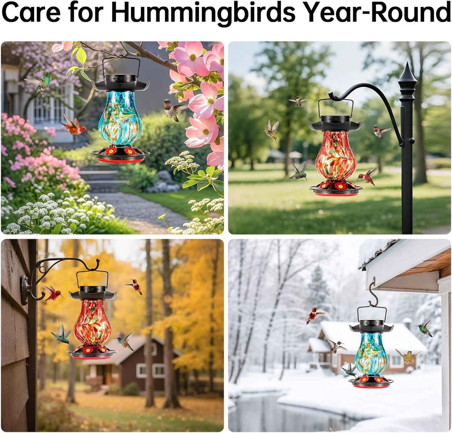 Solar Hummingbird Feeder for Outdoor - 25 fl.oz Hand Blown Glass Hummingbird Feeders for Outdoors Hanging, Large Capacity with Moat, 6 Colors Changing Light Outside Garden Decor (Blue)