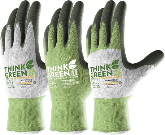 COOLJOB 3 Pairs Gardening Gloves for Women Men, 100% Recycled Polyester with Rubber Coated for Garden Patio Yard Lawn Work, Green, White & Grey, Large Size