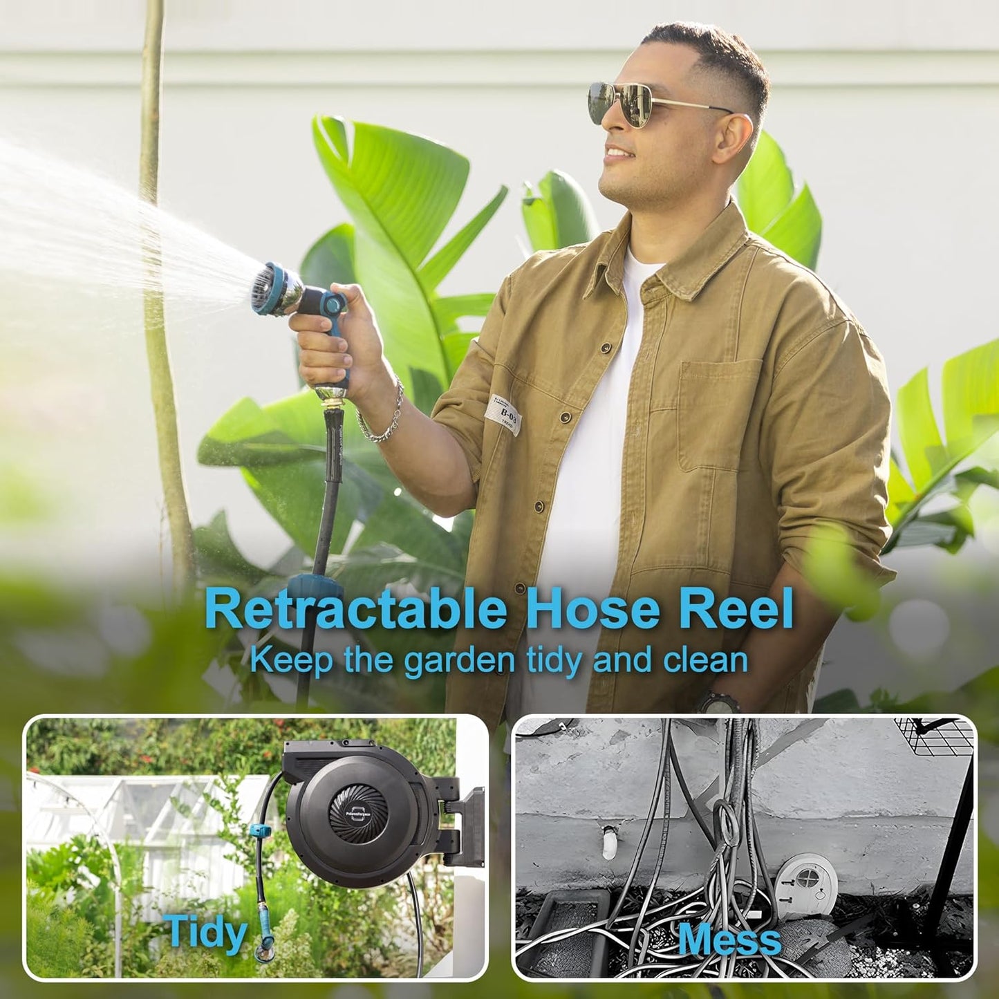 Retractable Garden Hose Reel - 5/8 inch x 90 ft Wall Mounted Hose Reel with 10 Pattern Nozzle & Any Length Lock, Heavy Duty Water Hose Supports Automatic Rewind & 180° Swivel, Black