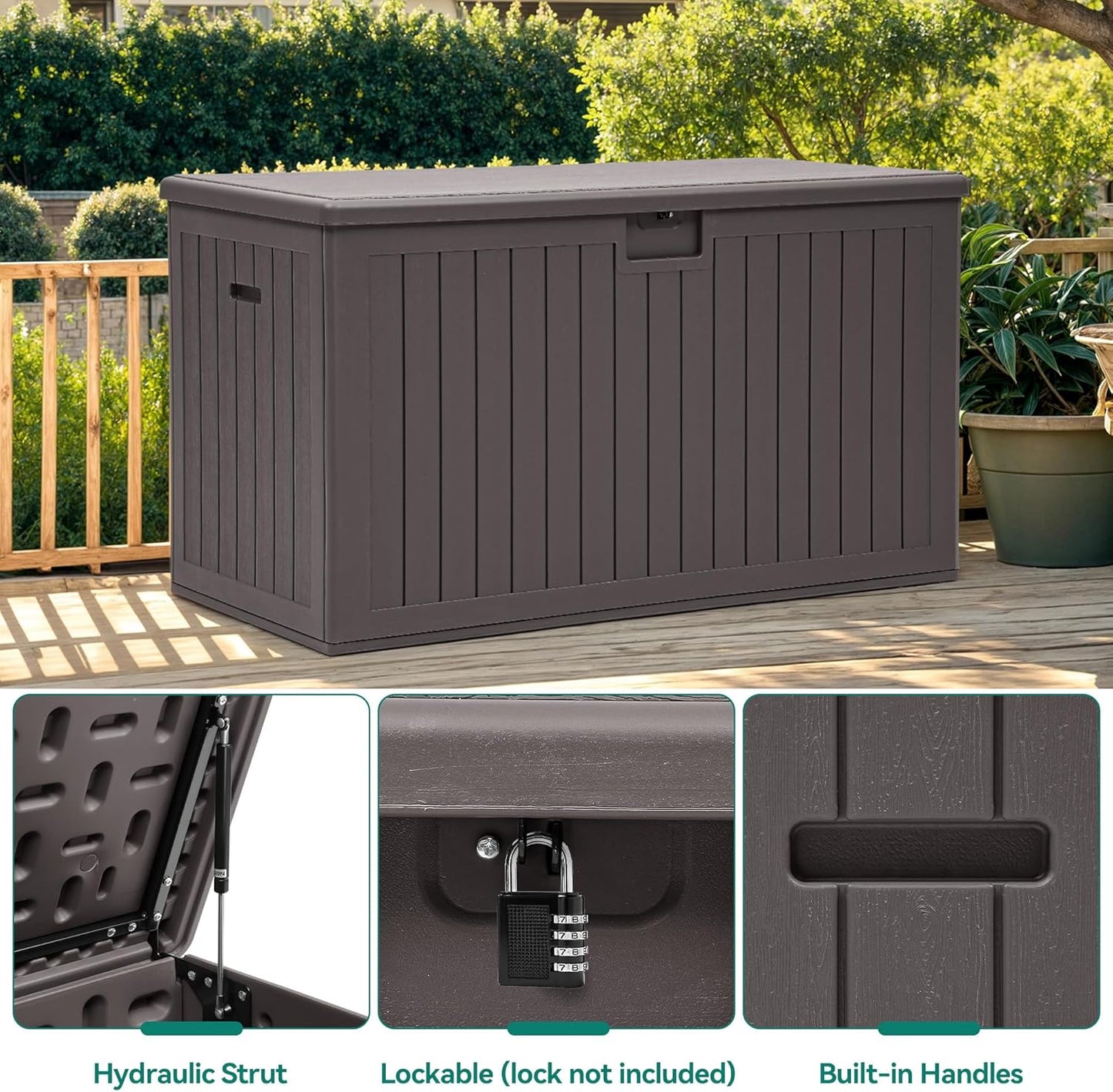 YITAHOME 200 Gallon Extra Large Deck Box, Double-Wall Resin Outdoor Storage Box with Flexible Divider for Patio Cushions Pool Supplies Garden Tools, 990 lbs Load Capacity, Lockable (Brown)