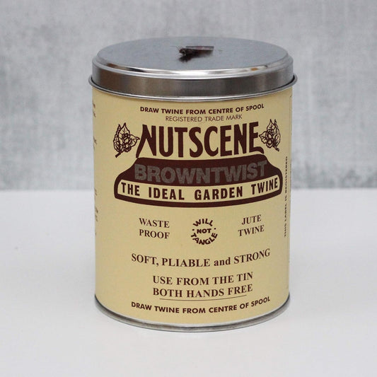 NUTSCENE Iconic Tin (Tin ‘O’ Twine) with Their Heritage Scottish Jute Twine and Hole in Top for Easy Dispensing. 14 Colors to Choose from. 164 Yards. (Brown)