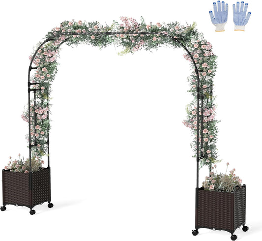 Giantex 6.6 FT Garden Arch with Trellis & 2 Planter Boxes, Tall Arbor for Climbing Vine, Flowers, Decorative Gate for Wedding Ceremony Party (Brown+Black)