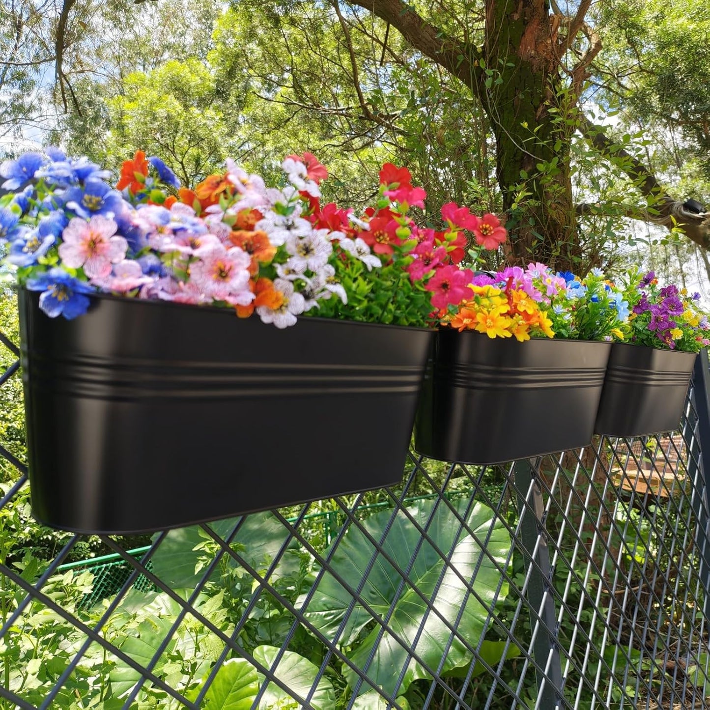 3 Pcs Large Balcony Planters Railing Hanging Flower Pots- 16.2 Inch Metal Railing Planter Box Fence Planters for Outdoor Plants with Detachable Hooks and Drain Holes for Garden Decor (Black-16.2inch)