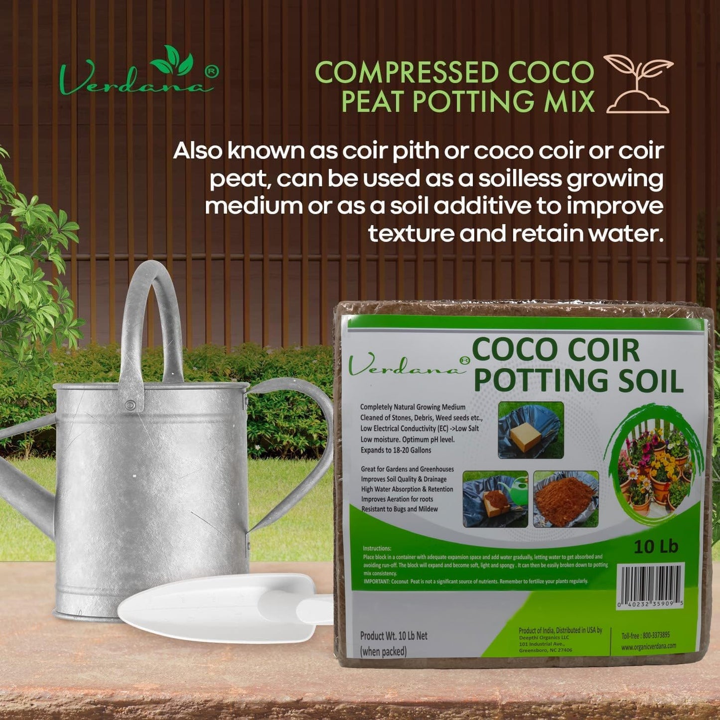 Verdana Coco Coir Potting Soil Brick – 10 Lb - Peat Moss Alternative for Potting Mix, Raised Bed Soil, Organic Gardening & Seed Starting - Compressed Coconut Fiber Block Expands to 18 Gallons