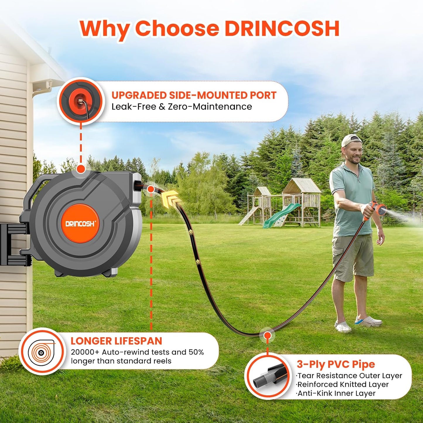 Upgraded Retractable Garden Hose 5/8 in x 90 ft Heavy Duty Wall-Mounted Hose Reel 180°Swivel Automatic Slow Return Any Length Lock 9 Pattern Nozzle UV Resistant (Black)