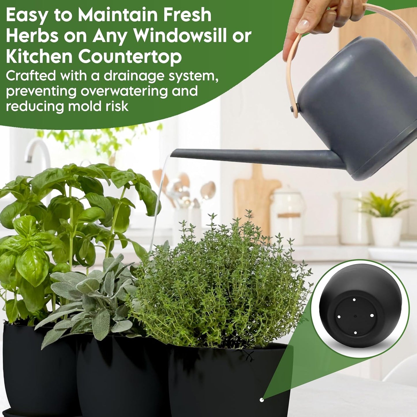 Indoor Garden Kit - Plant Pots with Drainage, Watering Can & Tools - Ideal Windowsill Planter Set - Modern Home & Kitchen Decor Gift - Black