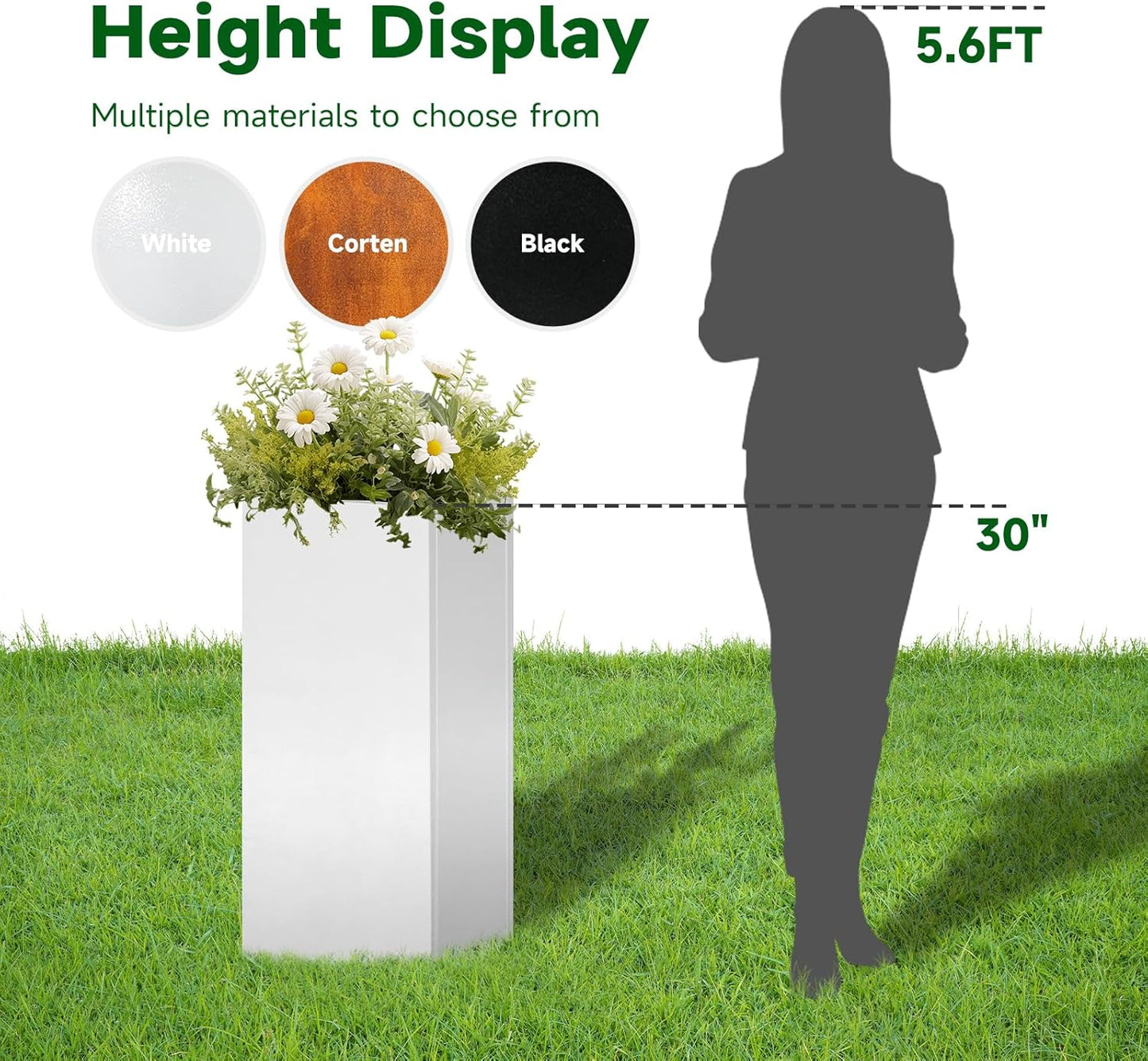 White Steel Metallic Heavy Planter for Outdoor Plants Box 14"x14"x30" Metal Planter Spliced Flower Pots with Partitions for Outside,Indoor,Garden (White, 14 * 14 * 30)