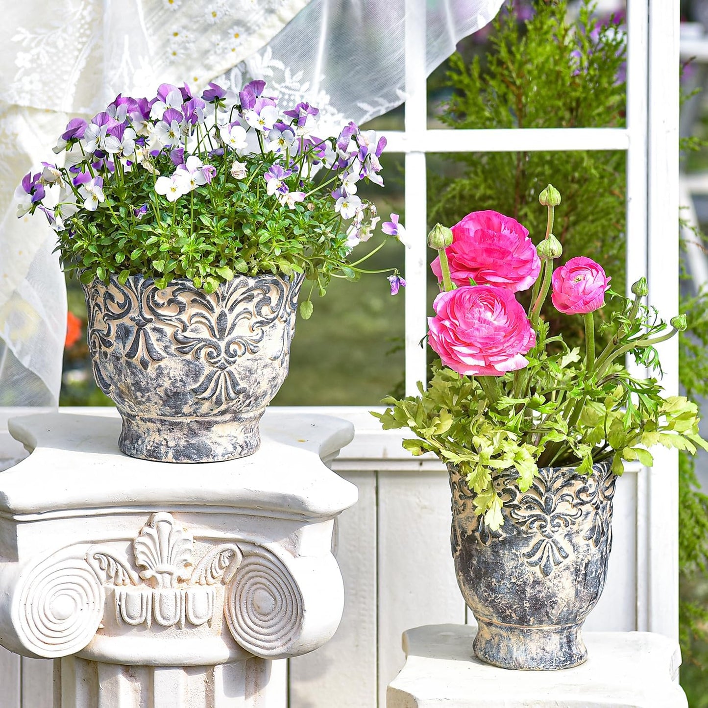 Sungmor 5.9 Inch Cement Plant Pot for Plants, Succulent Planter with Embossed Design, Vintage Concrete Flowerpots with Drainage Hole, Decorative Orchid Houseplant Pot Indoor Outdoor Plant Container