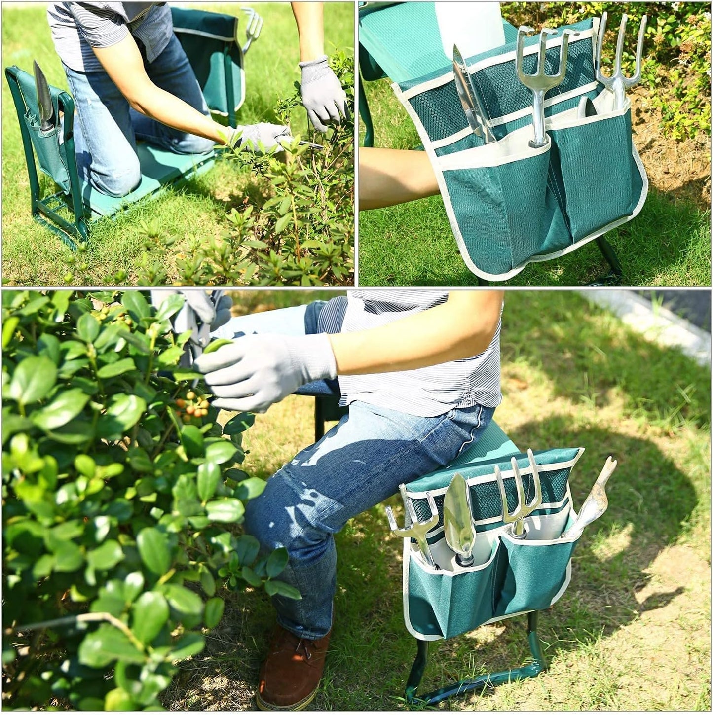 Ohuhu Garden Kneeler and Seat, Heavy Duty Garden Stool with EVA Foam Kneeling Pad, Foldable Gardening Bench with 2 Tool Pouches, 2-in-1 Portable Gardening Supplies, Idea Gifts for Women Men Seniors