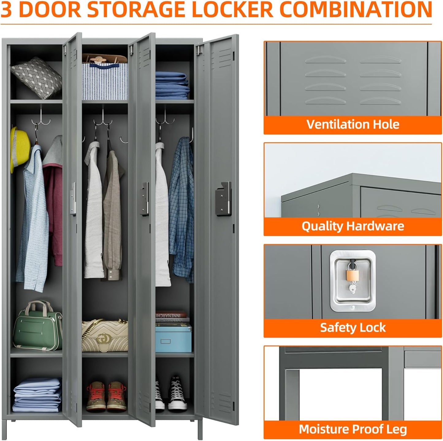 Metal Employee Lockers with 3 Doors,Metal Locker with 9 Hooks for Office Gym Garage Home,Assembly Required,Light Grey