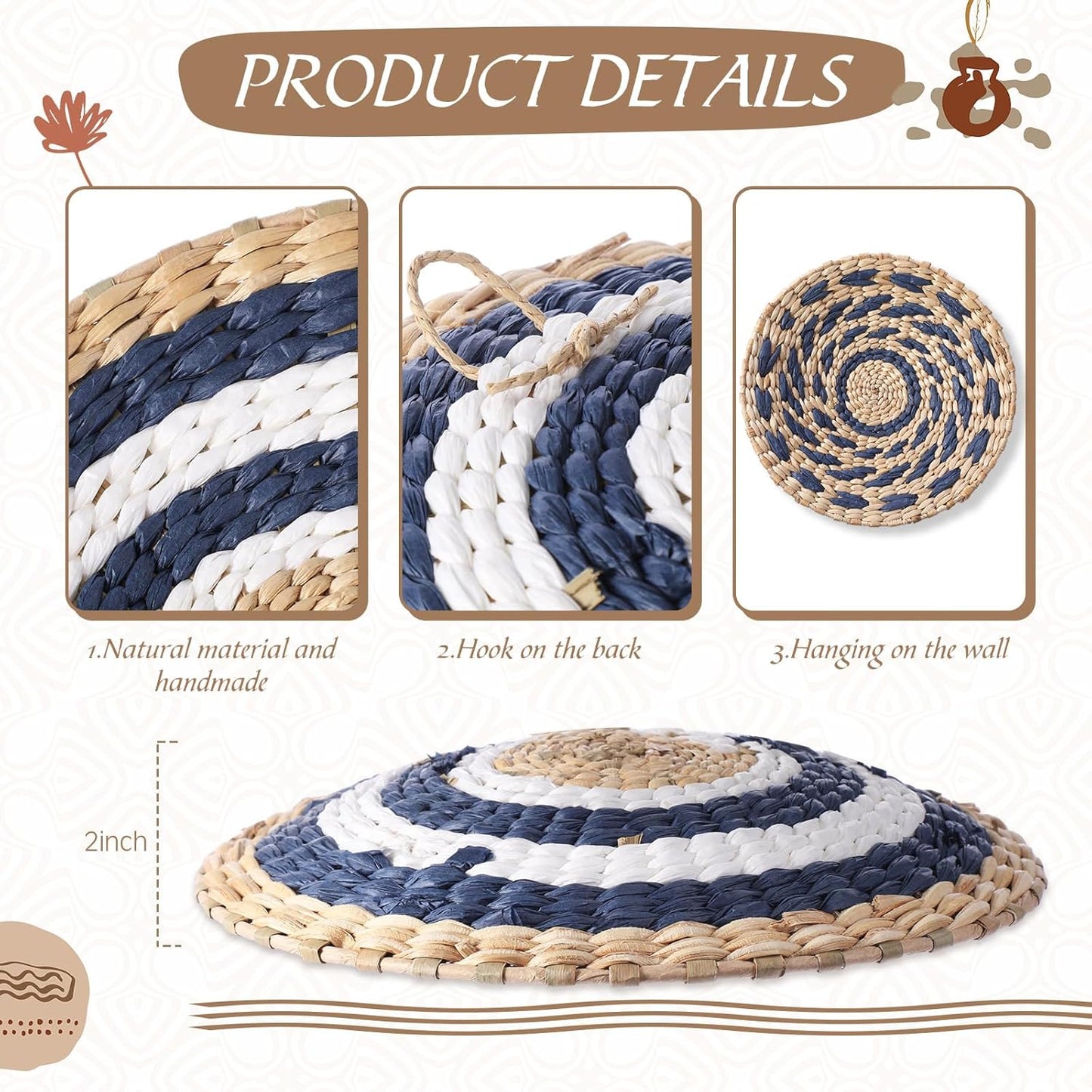 15 Pcs Boho Wall Basket Decor Woven Rattan Seagrass Wall Decor Hanging Rustic Farmhouse Western Art Decoration for Nursery Living Room Bedroom Home Kitchen(Blue Style)