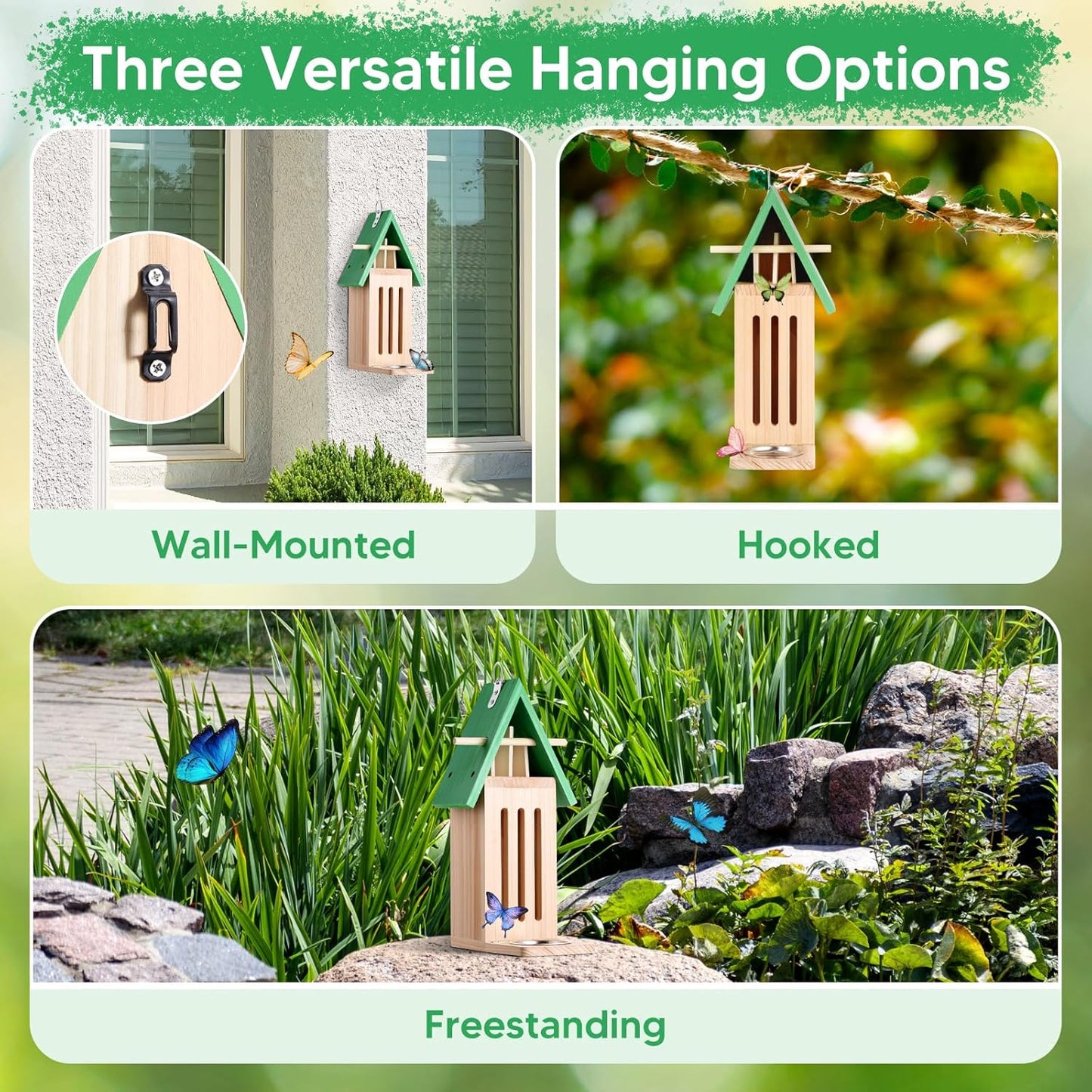 2PCS Butterfly House and Feeder for Outside, Wooden Butterfly House Butterflies Feeder for Garden, Butterflies Habitat with Puddler on Floor or Hanging on Tree Wall