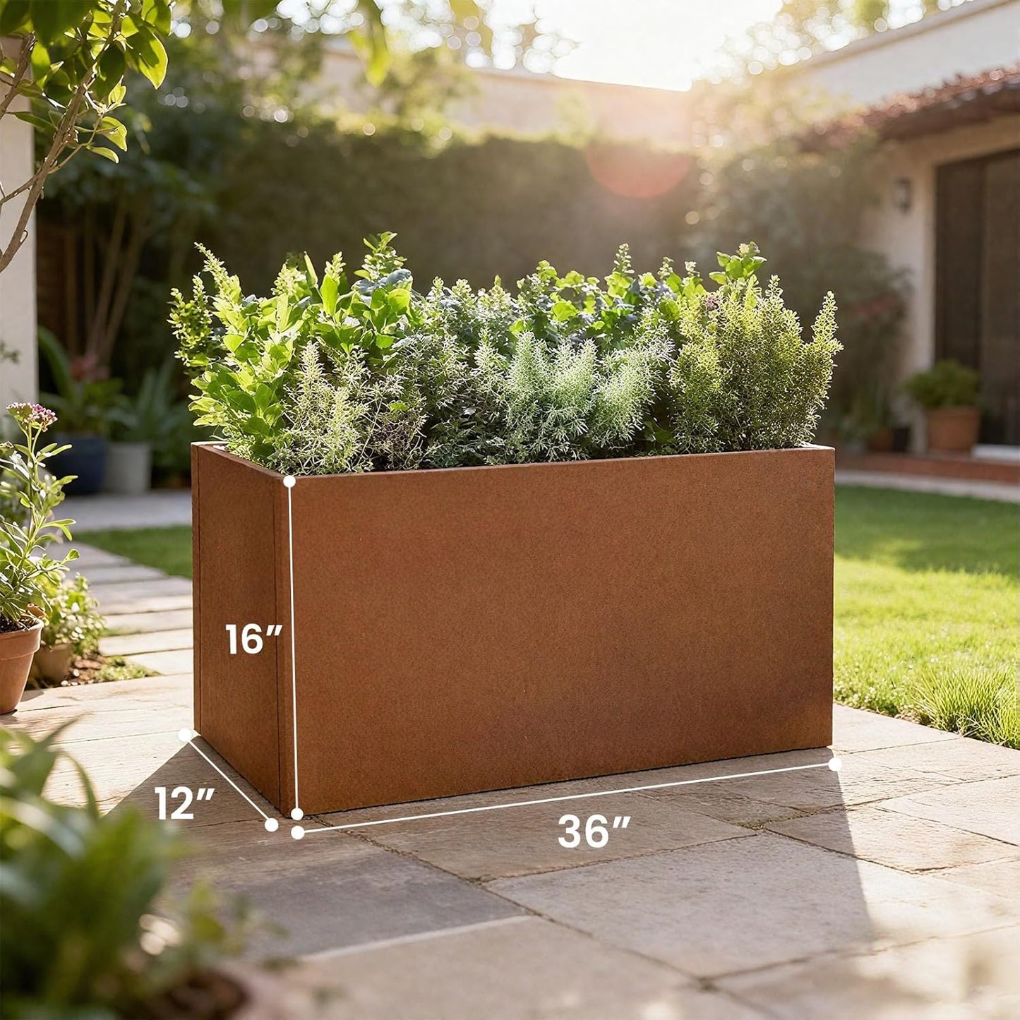 Corten Steel Corner Metal Planter Box Garden Steel Planter Pot for Patio Modern Farmhouse Rustic Design (L36 x W12 x D16, Rusted)